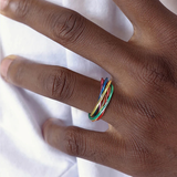 Main posée sur un tissu clair, portant une bague composée de plusieurs anneaux fins en acier inoxydable entrelacés. Les anneaux présentent des couleurs arc-en-ciel visibles, disposées de manière croisée autour du doigt.