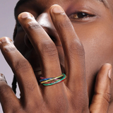 Main placée devant un visage, mettant en avant une bague formée de plusieurs anneaux fins entrelacés. Les anneaux métalliques affichent des couleurs arc-en-ciel distinctes et continues autour du doigt.