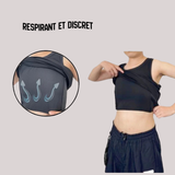 une personne porte le débardeur et le binder intégré et souleve le débardeur pour montrer le binder.Une illustration montre le caractère respirant du tissu du binder 