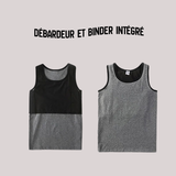 Comparaison de deux versions de binder débardeur, l’une avec panneau noir intégré sur fond gris, l’autre en gris plein.