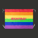 Drapeau rectangulaire avec bandes horizontales rouge, orange, jaune, vert, bleu et violet formant le drapeau arc-en-ciel Pride. Au centre apparaît le mot "Resistance" en lettres rose vif dans une typographie manuscrite dynamique. Des bandes de fixation blanches sont visibles aux coins.