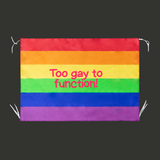 Drapeau rectangulaire avec bandes horizontales rouge, orange, jaune, vert, bleu et violet formant le drapeau arc-en-ciel Pride. Au centre apparaît le texte rose vif "Too Gay To Function" dans une typographie manuscrite dynamique. Des bandes de fixation blanches sont visibles aux coins.