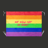 Drapeau rectangulaire avec bandes horizontales rouge, orange, jaune, vert, bleu et violet formant le drapeau arc-en-ciel Pride. Au centre apparaît le texte rose vif "We Will Not Go Back!" dans une typographie manuscrite dynamique. Des bandes de fixation blanches sont visibles aux coins.