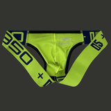 Jockstrap vert fluo avec bandes élastiques larges, coupe taille basse, sous-vêtement masculin visible et énergique