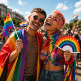 couple faisant la fête dans une pride avc des articles du kit pride essentiel. 