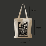 Tote bag écru posé debout, présenté de face, avec des flèches indiquant les dimensions : 35 cm de large, 40 cm de haut, anses de 24 cm et épaisseur d’environ 0,5 cm.