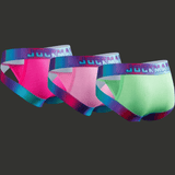 Vue arrière de slips jockstrap homme colorés en mesh respirant, bandes ouvertes et ceinture multicolore Jockmail