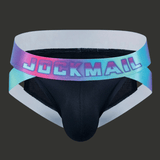 Slip jockstrap homme noir en mesh respirant, design minimaliste avec maintien anatomique et ceinture multicolore Jockmail
