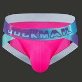 Slip jockstrap homme rose fuchsia en mesh respirant, maintien frontal ergonomique et ceinture multicolore Jockmail