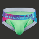 Slip jockstrap homme vert fluo en mesh léger, coupe sexy avec maintien frontal et ceinture arc-en-ciel Jockmail