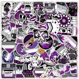 Image montrant un grand ensemble de stickers asexuels regroupés, avec de nombreuses illustrations violettes, noires et blanches, disposées de manière dense sur fond clair.