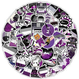 Vue circulaire d’un lot de stickers asexuels présentant des symboles Pride ace, des personnages et des éléments graphiques dans une palette violet, gris et noir.