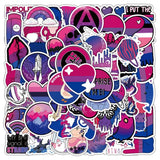 Lot de 30 stickers autocollants illustrés aux couleurs du drapeau bisexuel, comprenant des motifs Pride variés en rose, violet et bleu, conçus pour décorer des objets du quotidien.