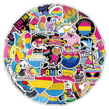 Image présentant un lot de stickers pansexuels colorés, avec des motifs Pride, personnages et symboles, dominés par les couleurs rose, jaune et bleu.