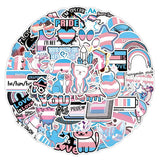 Vue d’un lot de stickers trans regroupés en cercle, mettant en avant la diversité des illustrations et la cohérence des couleurs bleu, rose et blanc.