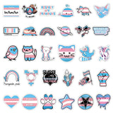 Image présentant plusieurs stickers trans alignés, montrant différents personnages et symboles Pride, tous aux couleurs du drapeau transgenre.