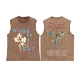 Débardeur sans manches, présenté en plusieurs coloris. À l’avant, un motif composé du mot « wishbone » et du nom « conan gray » en lettres espacées, accompagné d’un dessin de plante claire. À l’arrière, une illustration montrant une personne suspendue à une corde à linge sous une lune ronde, entourée de vêtements illustrés. Au-dessus, un lettrage manuscrit rouge ; en dessous, une liste imprimée de dates de tournée. Les éléments visuels sont centrés et bien distincts.