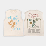 Débardeur sans manches, présenté en plusieurs coloris. À l’avant, un motif composé du mot « wishbone » et du nom « conan gray » en lettres espacées, accompagné d’un dessin de plante claire. À l’arrière, une illustration montrant une personne suspendue à une corde à linge sous une lune ronde, entourée de vêtements illustrés. Au-dessus, un lettrage manuscrit rouge ; en dessous, une liste imprimée de dates de tournée. Les éléments visuels sont centrés et bien distincts.